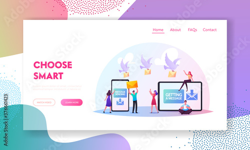 Characters Sending Messages Landing Page Template. Tiny People at Huge Smartphone and Tablet Pc Holding Envelopes