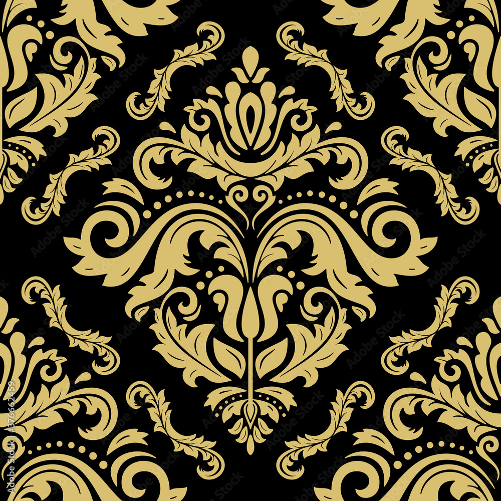 Classic seamless vector pattern. Damask orient ornament. Black and golden classic vintage background. Orient ornament for fabric, wallpaper and packaging Classic seamless vector pattern. Damask orient ornament. Black and golden classic vintage background. Orient ornament for fabric, wallpaper and packaging
