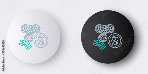Line Casino chips, game dice and glass of whiskey with ice cubes icon isolated on grey background. Casino poker. Colorful outline concept. Vector.
