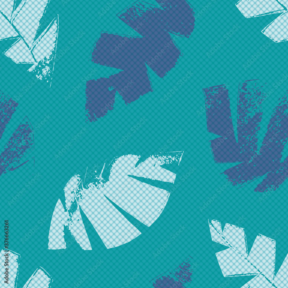 Obraz premium Mono print style scattered leaves seamless vector pattern background. Backdrop of textured cut out foliage in shades of aqua blue. Monochrome painterly grunge design. All over print for wellbeing