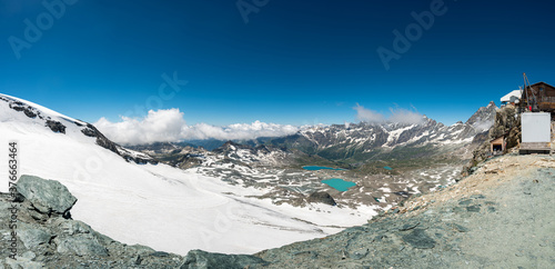 Spectacular mountain panorama with glaciers running towards valley on a sunny day. photo