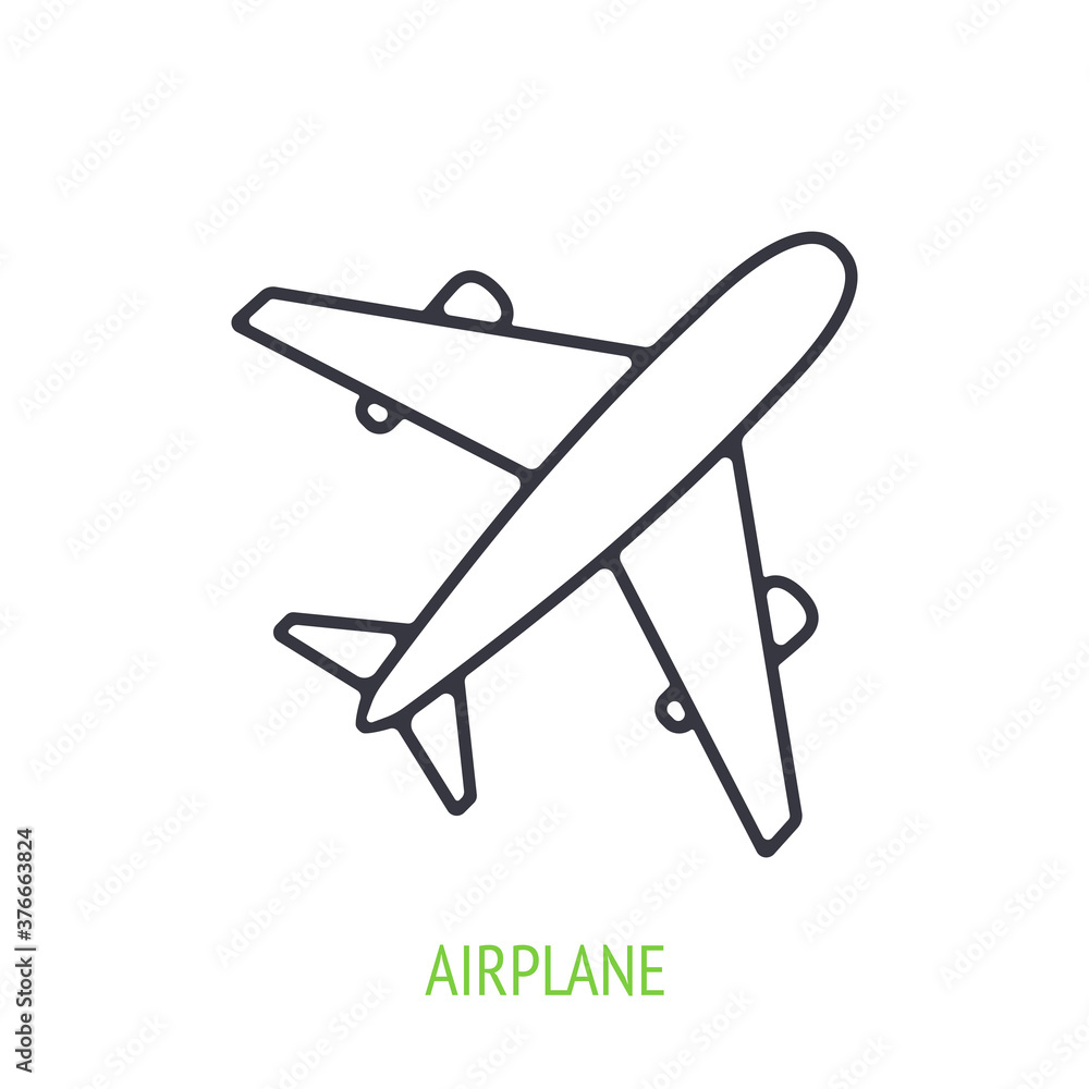 Airplane outline icon. Vector illustration. Summer journey by air transport. Symbol of summertime, travel and tourism. Thin line pictogram for user interface. Isolated white background Airplane outline icon. Vector illustration. Summer journey by air transport. Symbol of summertime, travel and tourism. Thin line pictogram for user interface. Isolated white background