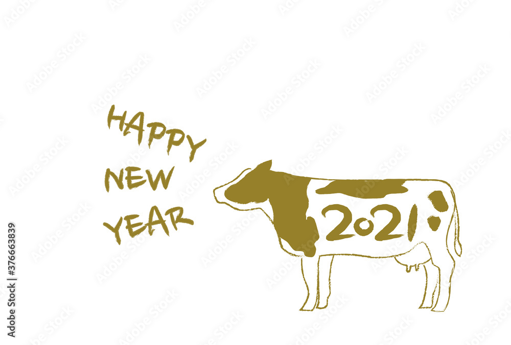 2021年丑年の年賀状イラスト: 手書き風の乳牛