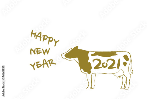 2021年丑年の年賀状イラスト: 手書き風の乳牛
