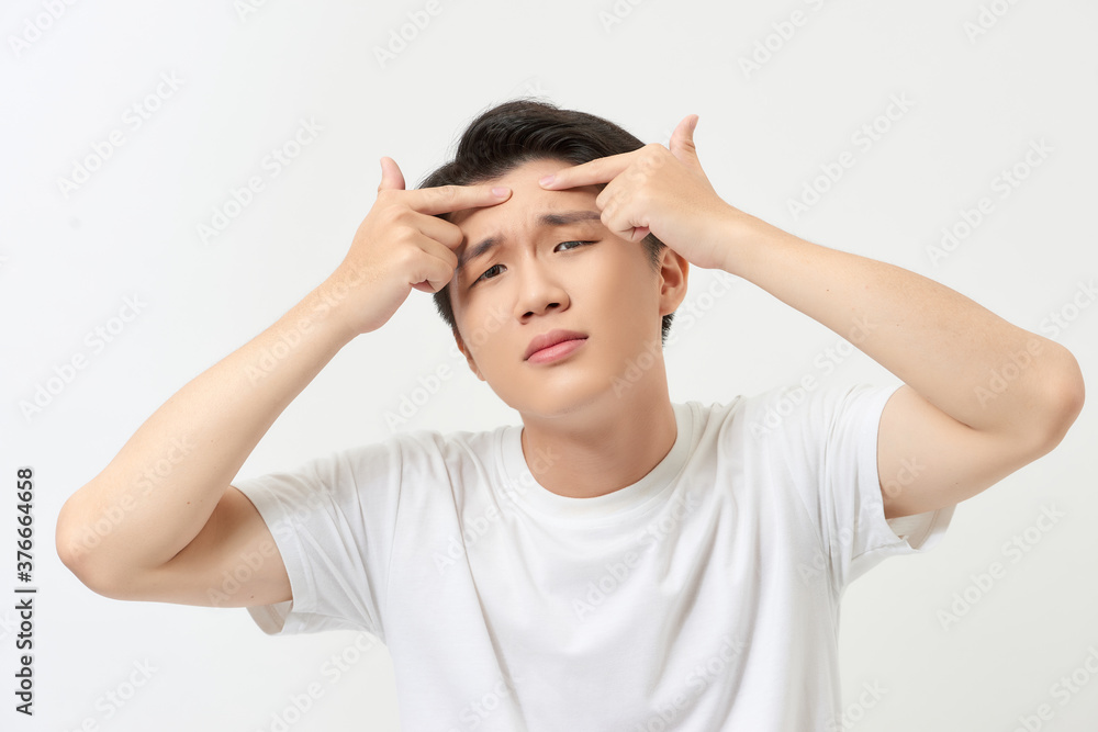 Man skin care concept. Acne spot pimple spot skincare beauty care male pressing on skin problem face. Man skin care concept. Acne spot pimple spot skincare beauty care male pressing on skin problem face.
