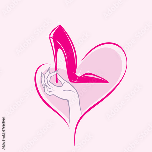 Woman hand holding a pink stiletto shoe.Heart shape and high heels.Fashion and lifestyle illustration.Accessories logo isolated on light background.Luxury style icon.