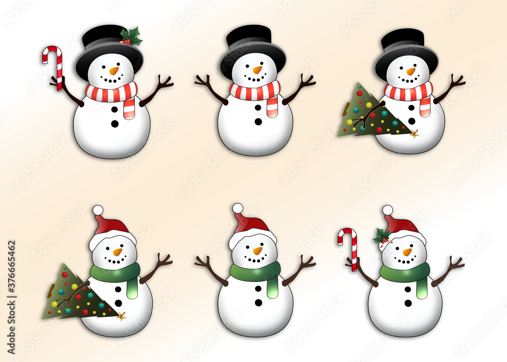 Set of snowman stickers for Christmas postcard 