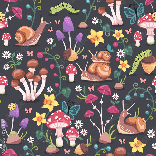 Seamless surface repeat vector pattern design with mushrooms, snails, butterflies, ladybugs and colorful flowers on a gray background