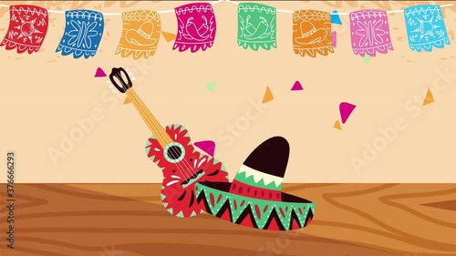 mexico celebration animation with mariachi hat and guitar