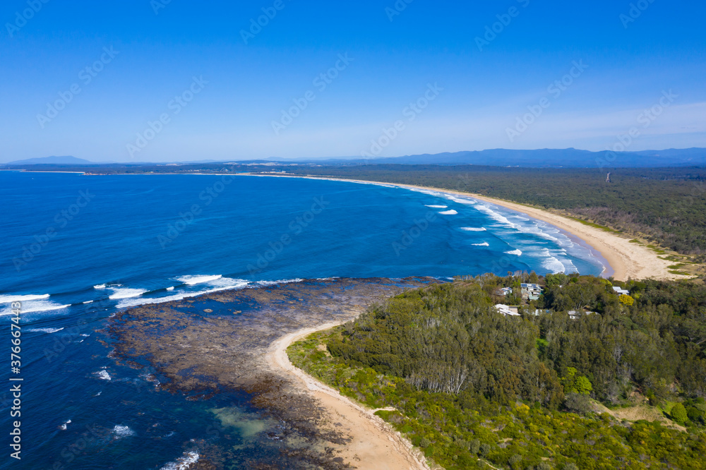Aerial view of Bengello Beach at Broulee near Bateman’s Bay on the New South Wales South Coast, Australia 
