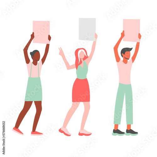 Multinational man and woman holding empty banners. Protesting cartoon characters. Vector illustration