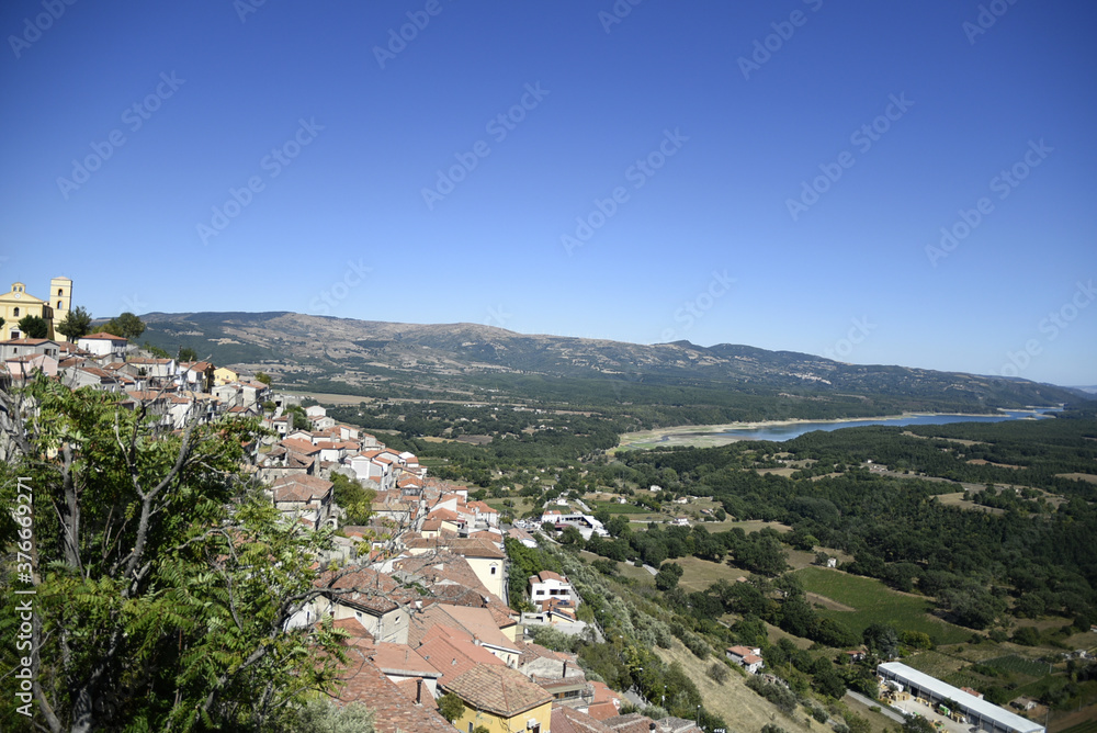Panoramic view of Grumento Nova, an old town in the mountains of the Basilicata region, Italy.