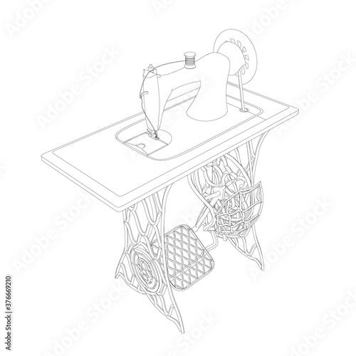 The contour of a decorative vintage sewing machine made of black lines on a white background. Manual sewing machine with rotation mechanism. Isometric view. 3D. Vector illustration