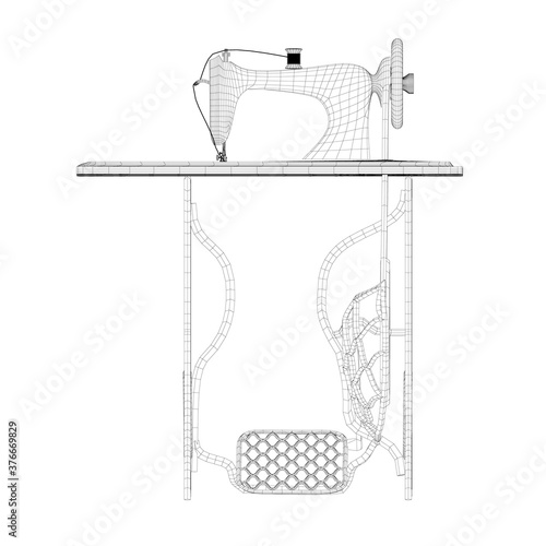 Wireframe of a decorative vintage sewing machine made of black lines on a white background. Manual sewing machine with rotation mechanism. Side view. 3D. Vector illustration