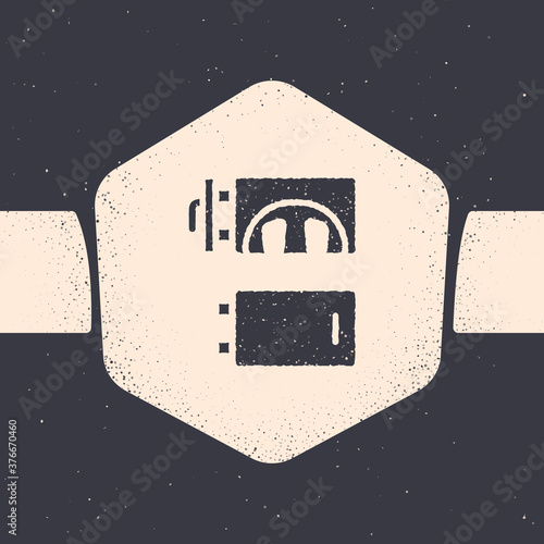 Grunge Crematorium icon isolated on grey background. Monochrome vintage drawing. Vector.