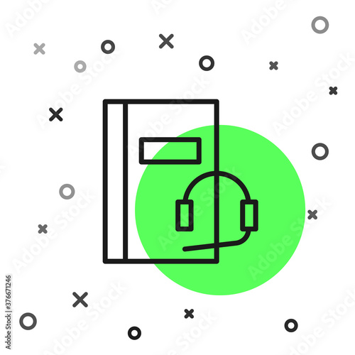 Black line Audio book icon isolated on white background. Book with headphones. Audio guide sign. Online learning concept. Vector Illustration.