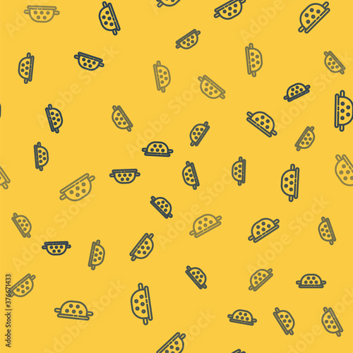 Blue line Kitchen colander icon isolated seamless pattern on yellow background. Cooking utensil. Cutlery sign. Vector.