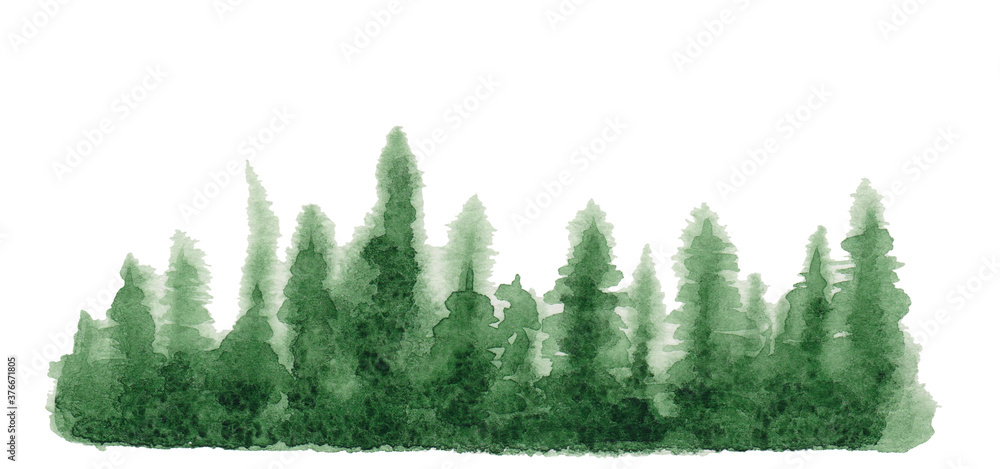 Watercolor illustration of pine trees. Beautiful emerald light trees 
isolated on white background. Hand drawn high resolution illustration for posters, postcards, prints, invitations and other desig
