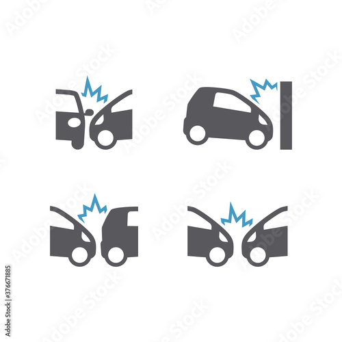 Car crush incident black vector icon set. Car or traffic accident, frontal and side collision