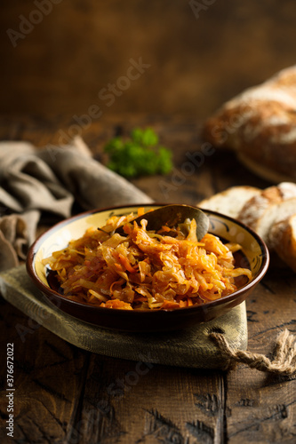 Traditional homemade cabbage stew with bay leaf