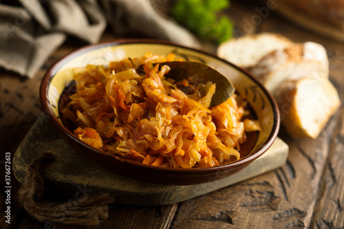 Traditional homemade cabbage stew with bay leaf