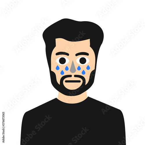 Bearded sensitive man is crying. Drops and tears under his eyes. Emotional sad portrait and face of unhappy and miserable male person. Vector illustration isolated on white.