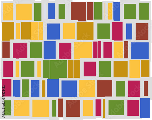 Multi colored brick wall-like background illustration from colorful tiles with light gray borders in different sizes