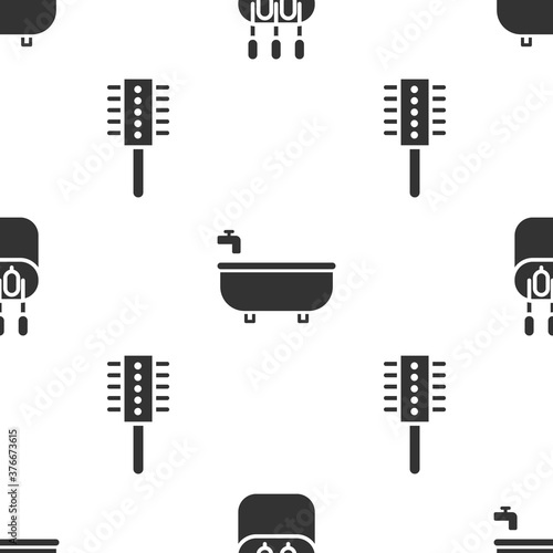 Set Cotton swab for ears, Bathtub and Hairbrush on seamless pattern. Vector.
