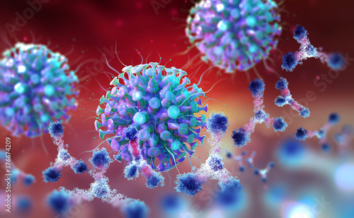 Virus under microscope. Antibodies and viral infection. Immune defense of body. Attack on antigens 3D illustration