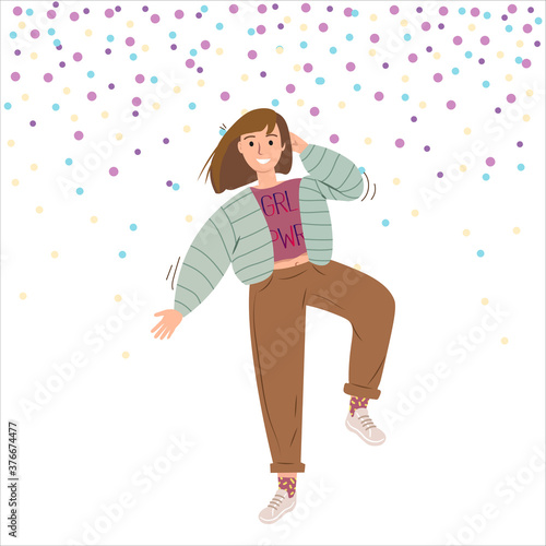 Happy young girl woman dressed in trendy clothes dancing at club or music concert. Dancing people. Female cartoon dancers isolated on white background having fun at party. Flat  vector illustration.