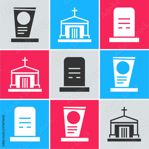 Set Grave with tombstone, Old crypt and Grave with tombstone icon. Vector.