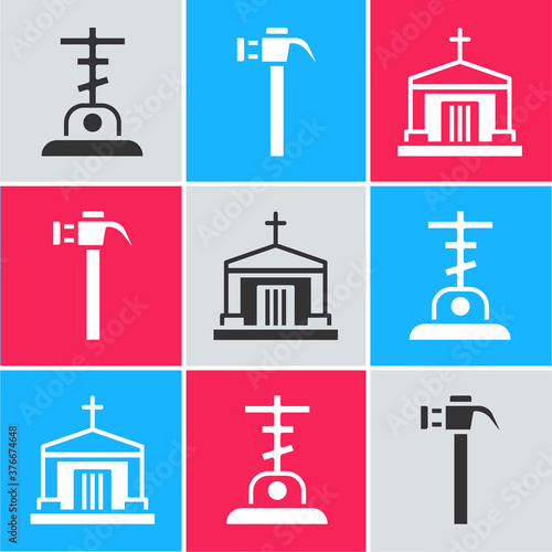 Set Grave with cross, Hammer and Old crypt icon. Vector.