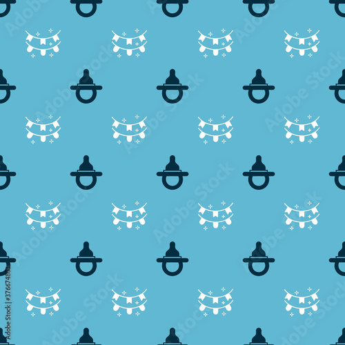 Set Baby dummy pacifier and Carnival garland with flags on seamless pattern. Vector.