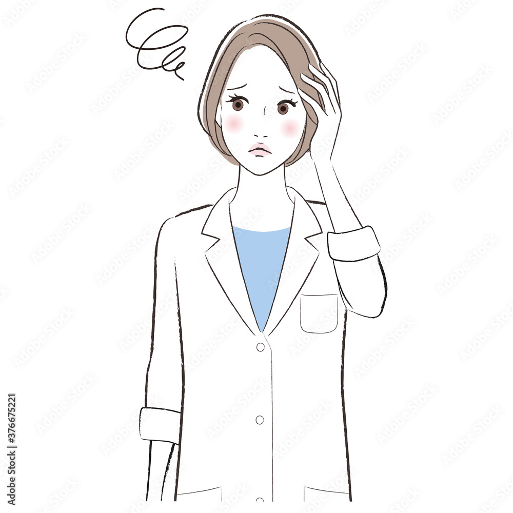 A woman doctor wearing lab coat confused and worried A woman doctor wearing lab coat confused and worried
