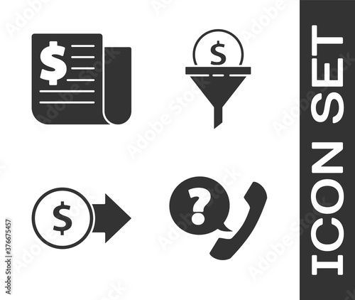Set Telephone handset and speech bubble chat, Financial news, Coin money with dollar symbol and Lead management icon. Vector.