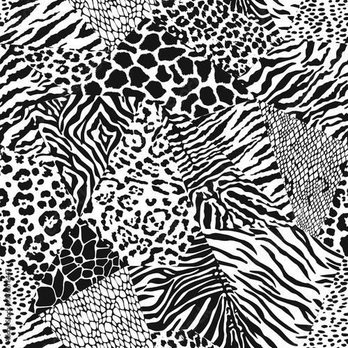 Wild animal skins patchwork wallpaper in black and white abstract vector fur seamless pattern