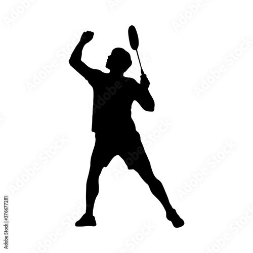 Badminton. Silhouette of a man performing an overhead forehand shot. Vector illustration.