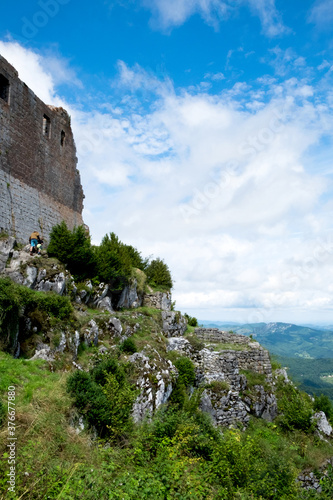 The aerial view of beautiful mountain valley in Pyrenees from last cathar fortress Montsegur on south of France photo