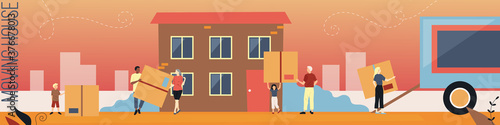 Moving House, Family Relocation Concept. A Group Of People Of Different Ages Carrying Big Boxes With Various Stuff From A Truck To The New House. Colorful Flat Style Horizontal Vector Illustration