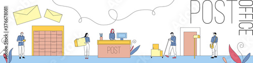 Post Office Service Concept. Female And Male Customers Get The Parcel And Letter At The Post Office. Post Worker In Working Process Carrying Boxes On Trolley. Flat Style Horizontal Vector Illustration