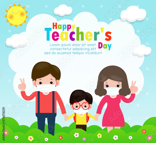 Happy teachers day poster for new normal lifestyle concept. happy students kids and teachers wearing face mask protect corona virus or covid 19 at the school isolated on white background illustration