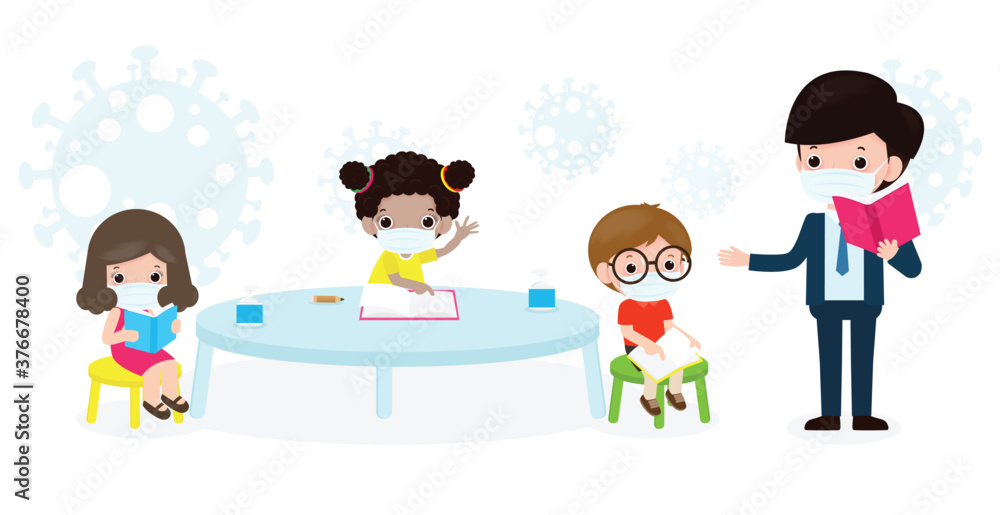 Back to school for new normal lifestyle concept. happy students kids and teacher wearing face mask protect coronavirus or covid-19 social distancing Sitting on the desk in classroom isolated vector Back to school for new normal lifestyle concept. happy students kids and teacher wearing face mask protect coronavirus or covid-19 social distancing Sitting on the desk in classroom isolated vector