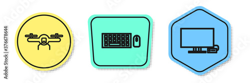 Set line Drone flying, Keyboard and mouse and Smart Tv. Colored shapes. Vector.