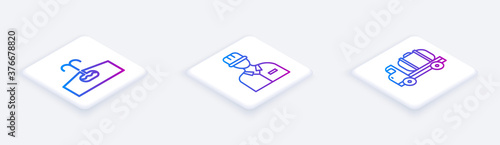 Set Isometric line Oilfield, Oilman and Tanker truck. White square button. Vector.