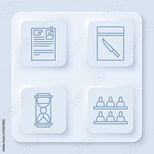 Set line Lawsuit paper, Evidence bag and knife, Old hourglass with sand and Jurors. White square button. Vector.