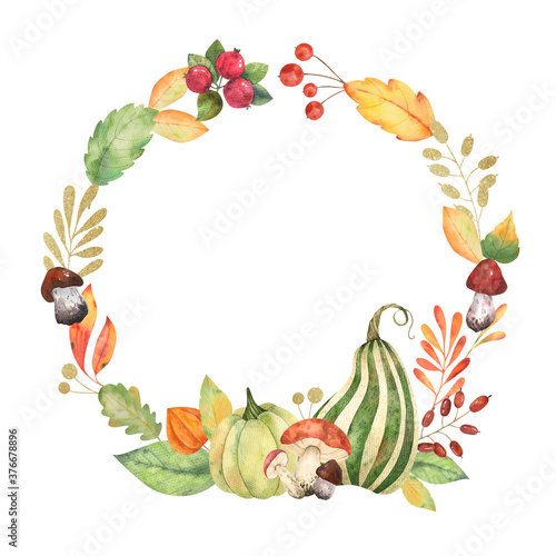 Autumn watercolor wreath with pumpkin elements  berry sprigs  autumn leaves  mushrooms  physalis and golden elements in high resolution. Design for cards  stickers  invitations