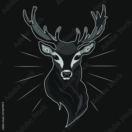 The head of a buck with large horns. Drawing of a beautiful deer.
