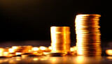stack of golden coins on black background and advertising coins of finance and banking,increasing columns of gold coins on table
