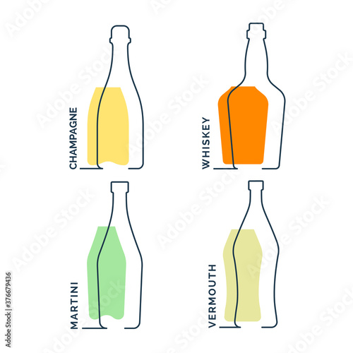 Bottle champagne whiskey martini vermouth continuous line in linear style on white background. Black thin outline and color fill. Modern flat style graphic design. Logo contour element illustration