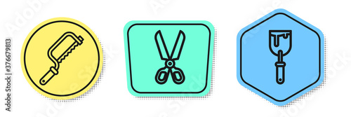 Set line Hacksaw, Scissors and Putty knife. Colored shapes. Vector.